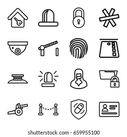 Security icons set. set of 16 security outline icons such as fence, passport, lock, siren, security camera, censored woman, health insurance, home key, road barrier