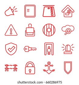Security icons set. set of 16 security outline icons such as metal gate detector, stamp, atm, lock, siren, home lock, key, warning, anchor, shield, wire fence