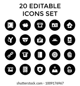 Security icons. set of 20 editable filled security icons such as atm money withdraw, badge, money box, chain, sligshot, safe. best quality security elements in trendy style.