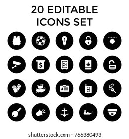 Security icons. set of 20 editable filled security icons such as safe, key, gloves, security camera, money in atm, heart lock, keyhole, fire protection, intercom, siren