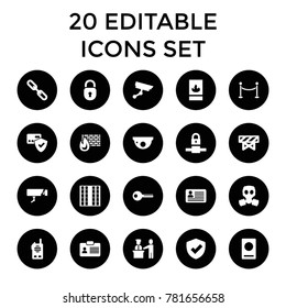 Security icons. set of 20 editable filled security icons such as passport, barrier, card protection, chain, shield. best quality security elements in trendy style.