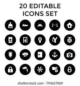 Security icons. set of 20 editable filled security icons such as fence, metal gate detector, briefcase with weapon, stamp. best quality security elements in trendy style.