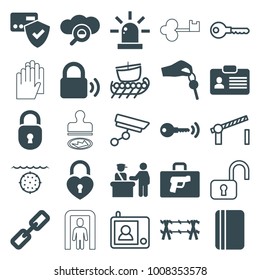 Security icons. set of 25 editable filled and outline security icons such as pass control, card protection, chain, heart lock, search cloud, hand with key, lock, key