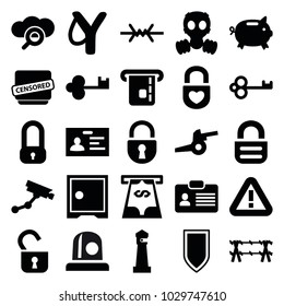 Security icons. set of 25 editable filled security icons such as lighthouse, security camera, badge, money box, key, lock, sligshot, censored, search cloud, shield, wire fence