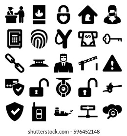 security icons set. Set of 25 security filled icons such as pass control, security guy, ATM money withdraw, opened lock, safe, heart lock, chain, censored woman