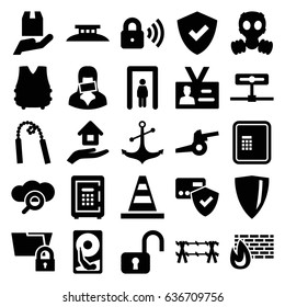 Security icons set. set of 25 security filled icons such as metal gate detector, atm, cone, anchor, safe, cargo protection, censored woman, badge, house insurance