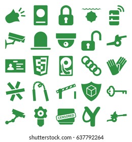 Security icons set. set of 25 security filled icons such as passport, siren, gloves, badge, cargo insurance, censored, road barrier, key, server, chain, hard disc
