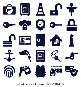 Security icons set. set of 25 security filled icons such as scarecrow, briefcase with weapon, cone barrier, lighthouse, safe, key, lock, opened lock, safe, heart key