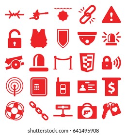 Security icons set. set of 25 security filled icons such as briefcase with weapon, atm, opened lock, siren, red carpet barrier, badge, chain, heart key, intercom, warning