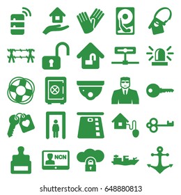 Security icons set. set of 25 security filled icons such as metal gate detector, stamp, safe, siren, gloves, heart key, home lock, house insurance, home key tag, smart home