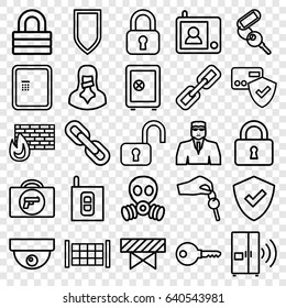 Security icons set. set of 25 security outline icons such as fence, briefcase with weapon, atm, barrier, safe, key, lock, censored woman, hand with key, intercom, chain