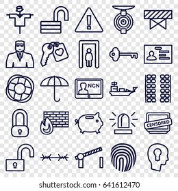 Security icons set. set of 25 security outline icons such as metal gate detector, plane seats, scarecrow, barrier, siren, security guy, badge, opened lock, heart key, censored