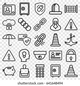 Security icons set. set of 25 security outline icons such as fence, passport, stamp, cone barrier, lock, safe, cone, anchor, siren, censored woman, intercom