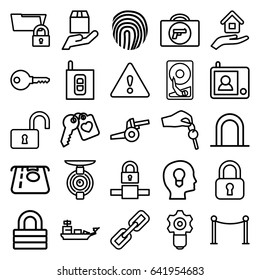 Security icons set. set of 25 security outline icons such as briefcase with weapon, siren, atm money withdraw, red carpet barrier, lock, opened lock, cargo protection