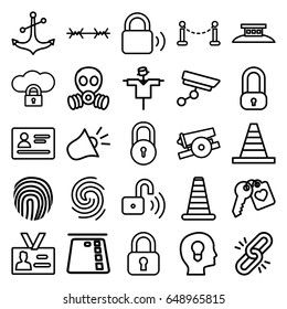 Security icons set. set of 25 security outline icons such as fence, passport, cone barrier, lock, scarecrow, cone, anchor, heart key, badge, siren, finger print, fingerprint