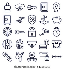 Security icons set. set of 25 security outline icons such as stamp, lock, safe, atm money withdraw, key, opened lock, anchor, heart lock, health insurance, finger print