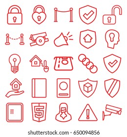 Security icons set. set of 25 security outline icons such as fence, passport, atm, lock, atm money withdraw, red carpet barrier, cargo insurance, heart lock, censored woman