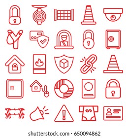Security icons set. set of 25 security outline icons such as fence, airport officer, passport, cone barrier, atm, lock, atm money withdraw, cone, cargo insurance, lock home