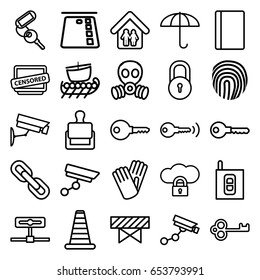 Security icons set. set of 25 security outline icons such as passport, stamp, cone barrier, lock, barrier, key, gloves, censored, family home, intercom, fingerprint, chain