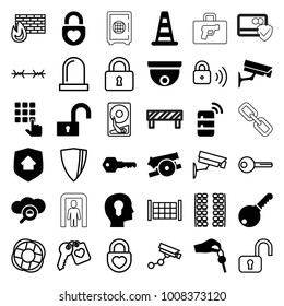 Security icons. set of 36 editable filled and outline security icons such as cone barrier, heart lock, head with keyhole, search cloud, lock, key, hand with key, server