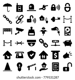 Security icons. set of 36 editable filled security icons such as stamp, atm money withdraw, money box, shield, umbrella, chain, money in atm, open lock, safe, heart lock