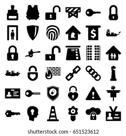 Security icons set. set of 36 security filled icons such as scarecrow, metal gate detector, stamp, cone barrier, plane seats, barrier, lighthouse, badge, opened lock