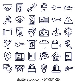 Security icons set. set of 36 security outline icons such as metal gate detector, barrier, opened lock, safe, security camera, red carpet barrier, key, gloves, badge, lock
