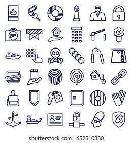 Security icons set. set of 36 security outline icons such as briefcase with weapon, passport, stamp, atm, barrier, lighthouse, lock, security guy, key, gloves, anchor