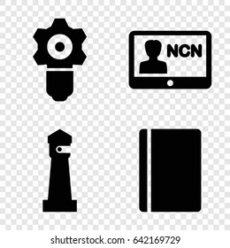 Security icons set. set of 4 security filled icons such as passport, lighthouse, badge
