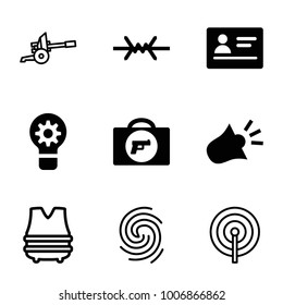 Security icons. set of 9 editable filled and outline security icons such as briefcase with weapon, passport, siren, wire fence, lock, finger print, cannon, bulletproof vest