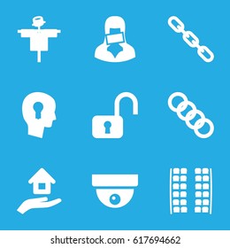 Security icons set. set of 9 security filled icons such as scarecrow, plane seats, chain, censored woman, house insurance, keyhole in head, security camera