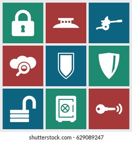 Security icons set. set of 9 security filled icons such as Safe, opened lock, lock, key, shield, wire fence, cannon