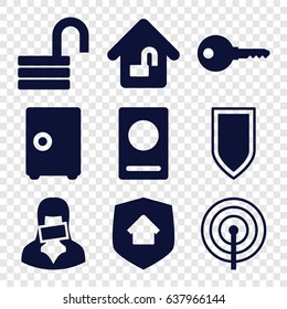 Security icons set. set of 9 security filled icons such as passport, opened lock, censored woman, home lock, home security, shield, safe, key