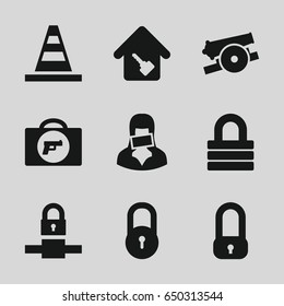 Security icons set. set of 9 security filled icons such as briefcase with weapon, lock, cone, censored woman, home key