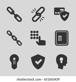Security icons set. set of 9 security filled icons such as atm, chain, keyhole in head, keyhole, shield, card protection