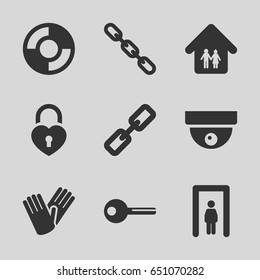 Security icons set. set of 9 security filled icons such as metal gate detector, gloves, chain, heart lock, family home, key, lifebuoy
