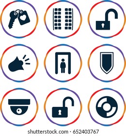 Security icons set. set of 9 security filled icons such as metal gate detector, plane seats, opened lock, heart key, siren, lifebuoy, shield, security camera