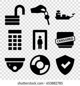 Security icons set. set of 9 security filled icons such as metal gate detector, security camera, opened lock, censored, hand with key, intercom, lifebuoy, water military