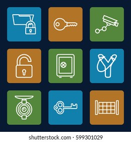 security icons set. Set of 9 security outline icons such as fence, opened lock, Safe, Security camera, spy camera, key, folder protection
