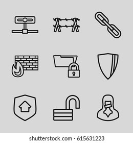 Security icons set. set of 9 security outline icons such as opened lock, chain, censored woman, home security, wire fence, shield, folder protection, brick wall fire