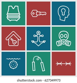 Security icons set. set of 9 security outline icons such as home key, key, keyhole in head, anchor, chain weapon, wire fence, gas mask, bulletproof vest