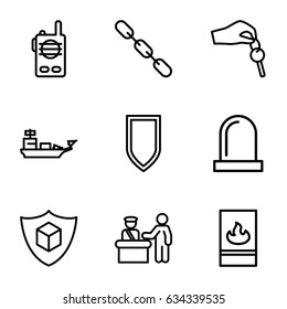 Security icons set. set of 9 security outline icons such as pass control, chain, cargo insurance, hand with key, fire protection, siren, shield, walkie talkie