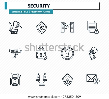 security icons set - airbag, unsecure, turnstiles, smoke grenade, secure envelope outline vector collection.