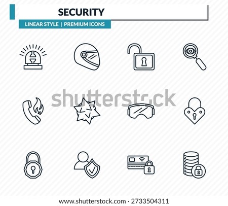 security icons set - ambulance alert, motorbike helmet, unlocked padlock, padlocks, secure database outline vector collection.