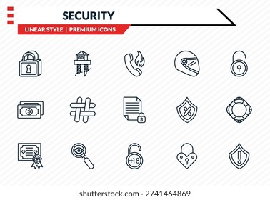 security icons set - big lock, watch tower, two dollar bills, underage, security warning outline vector collection.