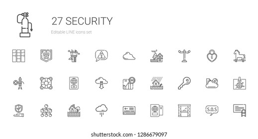 security icons set. Collection of security with access, passport, pass, cloud, flood, sitemap, insurance, key, bitcoin, cloud computing. Editable and scalable security icons.