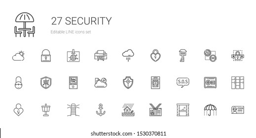 security icons set. Collection of security with access, id card, flood, anchor, lighthouse, control tower, padlock, sos, atm, shield, cloud. Editable and scalable security icons.