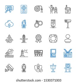 security icons set. Collection of security with atm, control tower, insurance, stewardess, cctv, id card, passport, airport, lighthouse. Editable and scalable security icons.