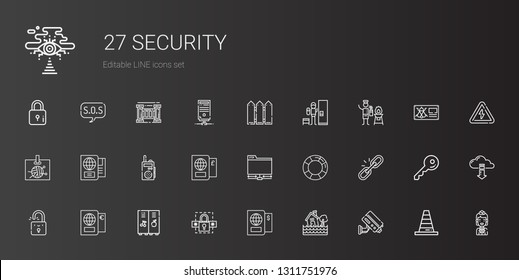 security icons set. Collection of security with cctv, flood, passport, password, locker, padlock, link, lifesaver, ftp, walkie talkie, id card. Editable and scalable security icons.