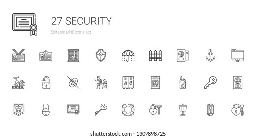 security icons set. Collection of security with control tower, padlock, lifesaver, key, certificate, shield, walkie talkie, atm, locker. Editable and scalable security icons.